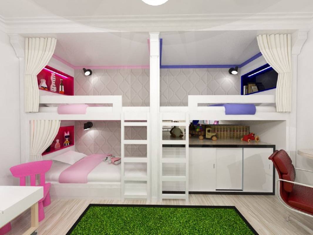 Дизайн интерьера детской комнаты для троих детей разного возраста: фото и варианты планировки